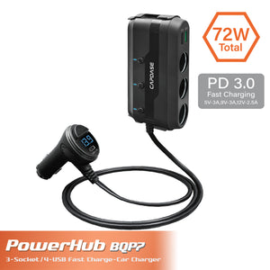 POWERHUB BQP7 3-Socket and 4-USB QC 3.0 and USB-C PD 72W Car Charger