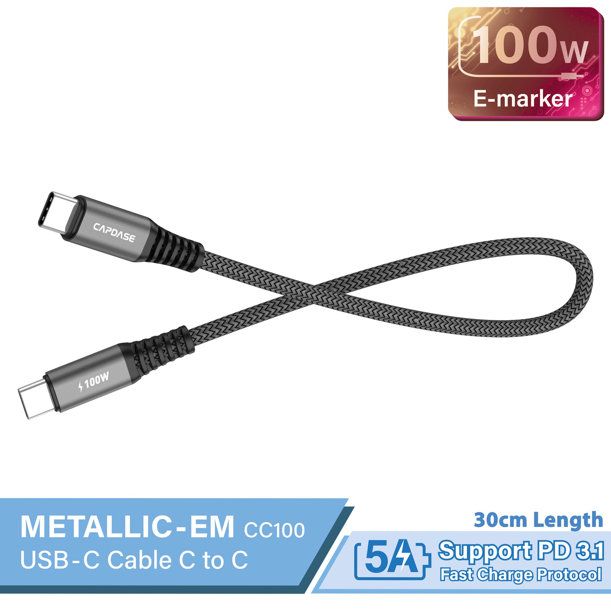 METALLIC EM-CC100 USB-C To USB-C Sync and Charge Cable (100W) 30CM