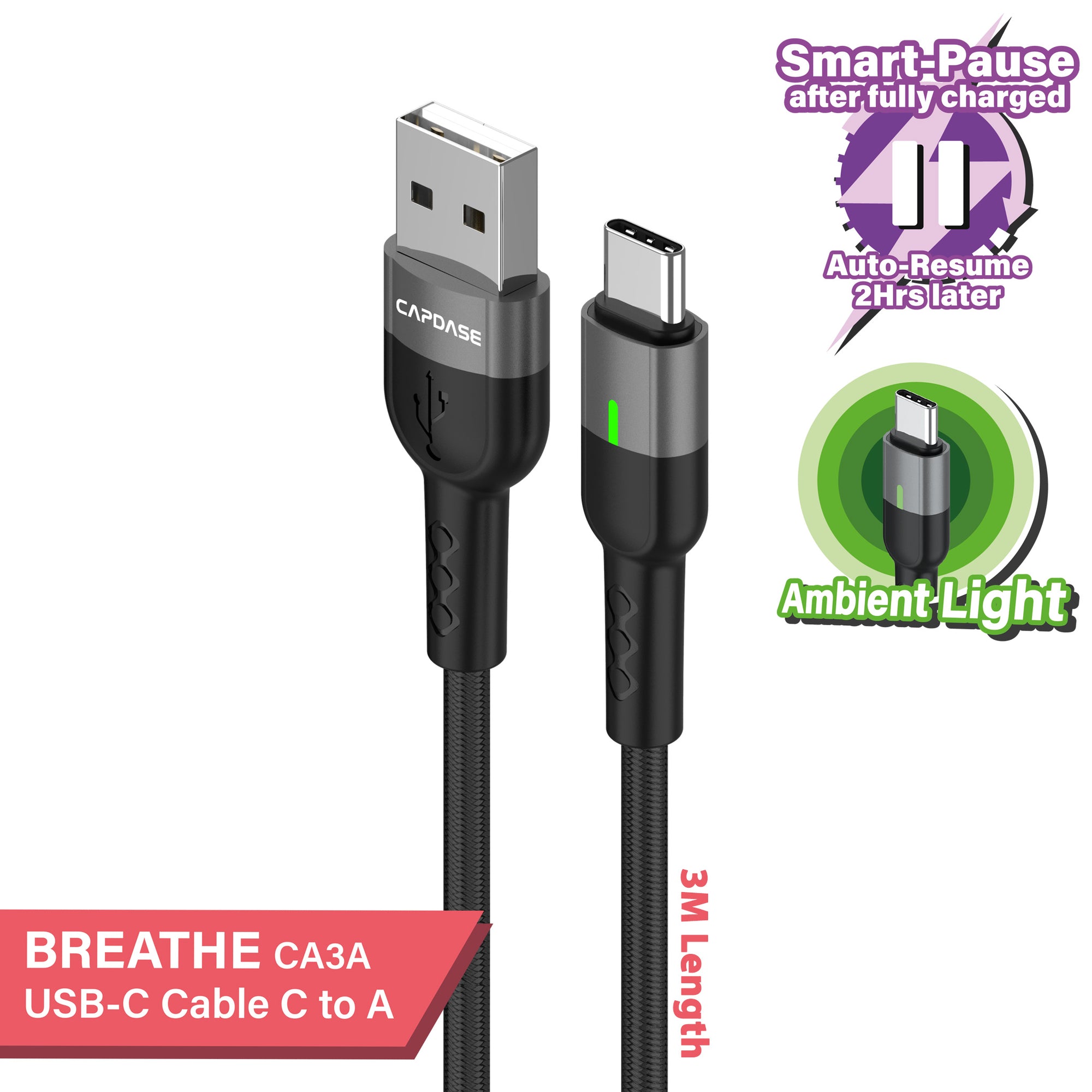 Breathe-CA3A USB-C To USB 3A Sync and Charge Cable 3M