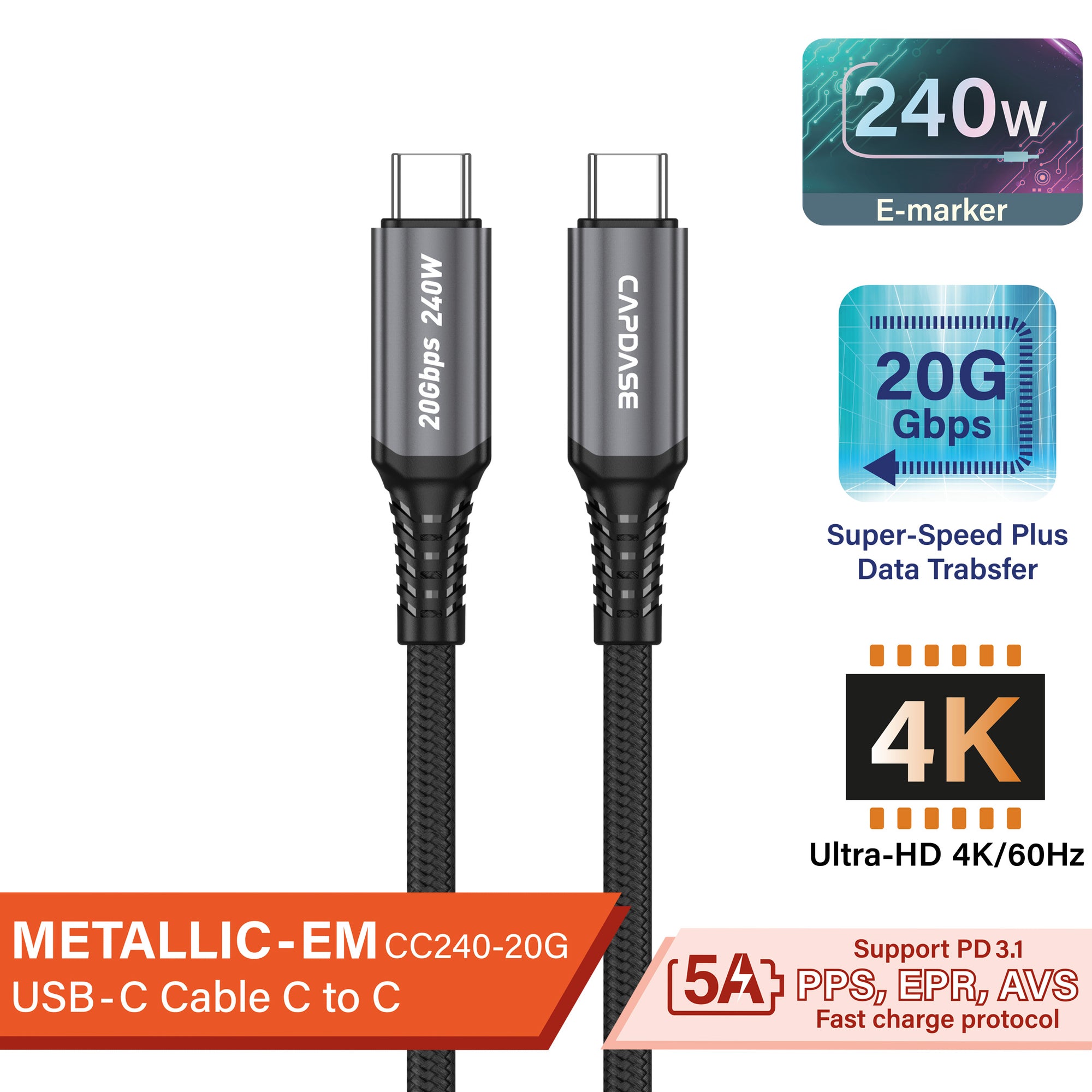 METALLIC EM-CC240 USB-C To USB-C 4K 20G Sync and Charge Cable (240W) 1.5M