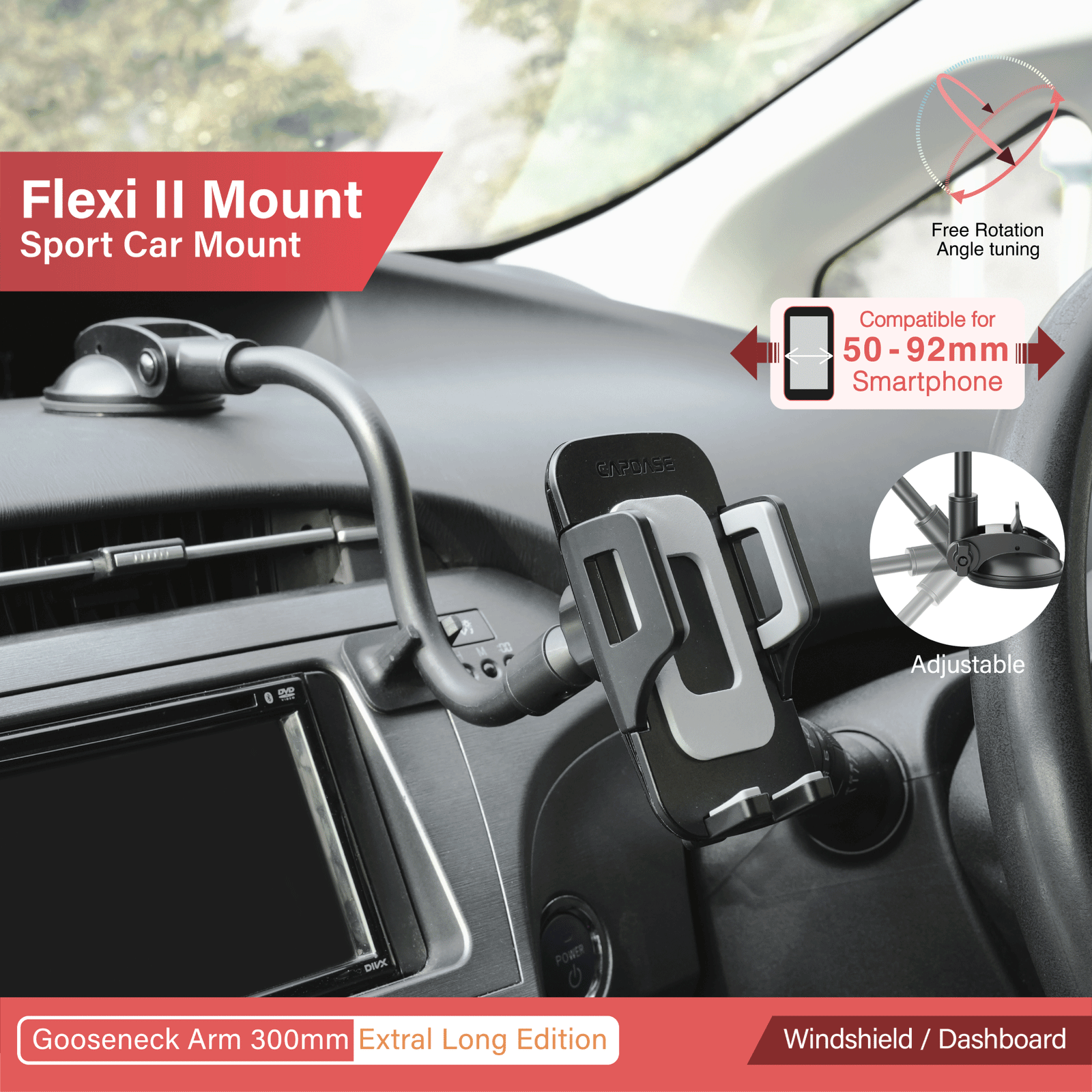 FLEXI II Sport Car Mount Gooseneck Arm 300mm Extra Long Edition