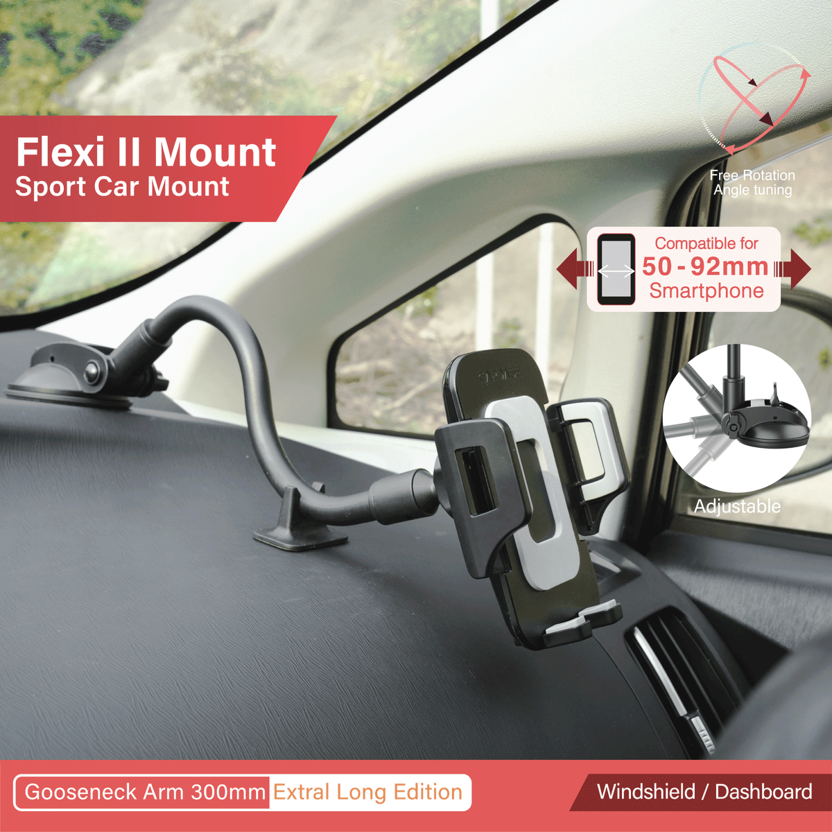 FLEXI II Sport Car Mount Gooseneck Arm 300mm Extra Long Edition