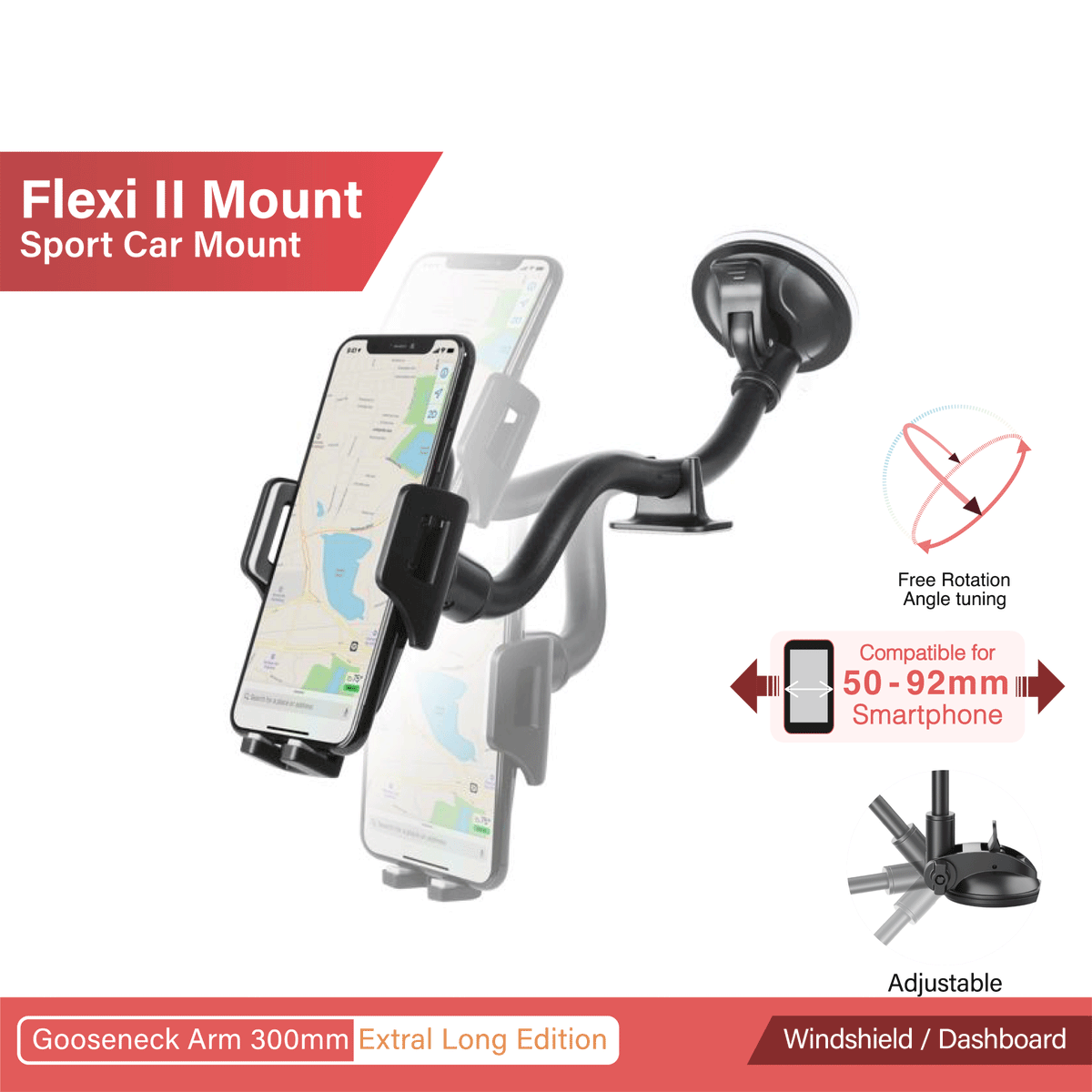 FLEXI II Sport Car Mount Gooseneck Arm 300mm Extra Long Edition