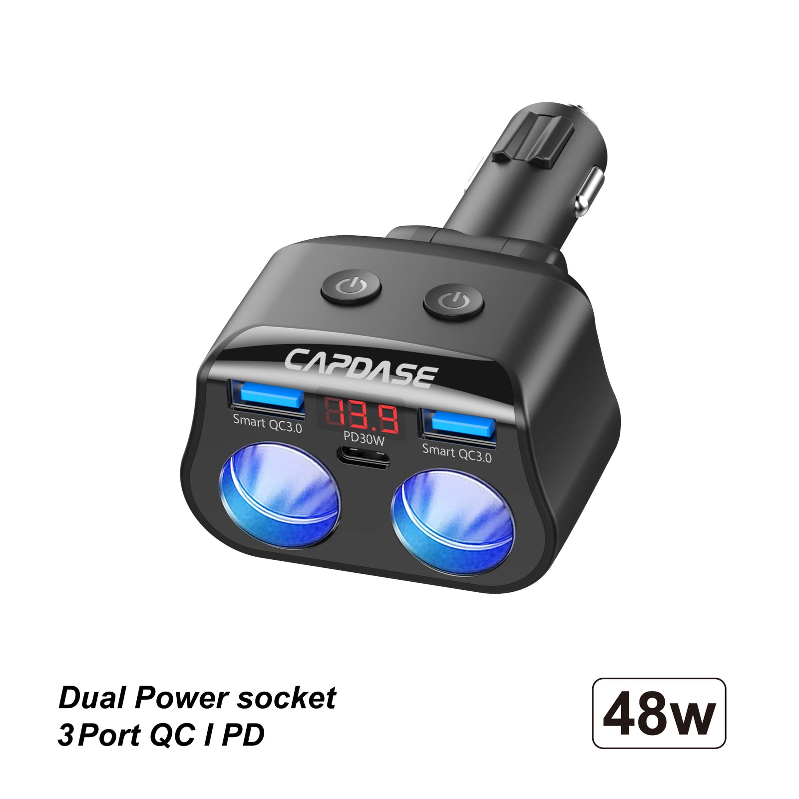 48W | PD / QC | 3-USB | 2 Power socket | Car Battery Voltage display | Fast Charging Car charger