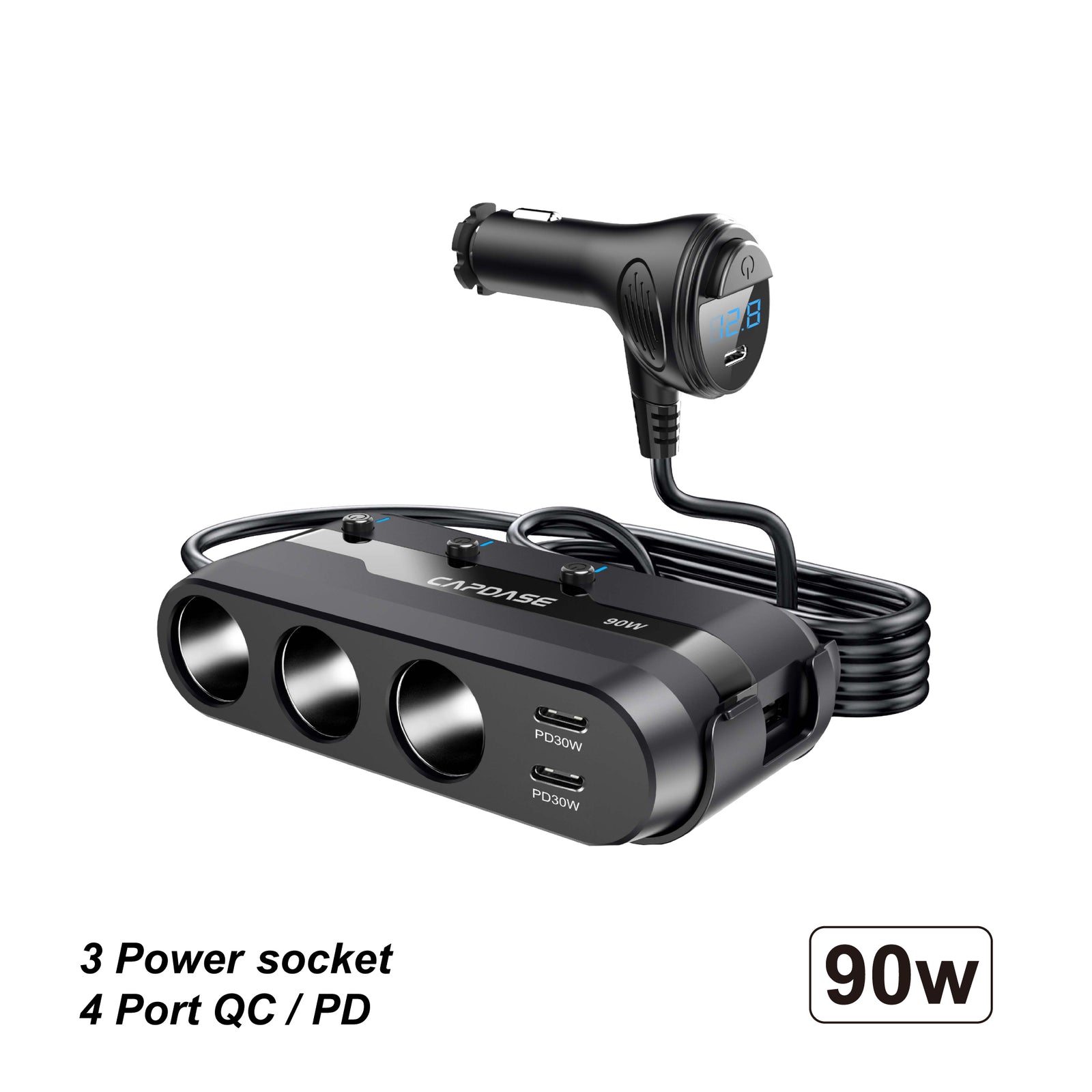 90W | PD / PPS / QC | 4-USB | 3 Power socket | Car Battery Voltage display | Fast Charging Car charger