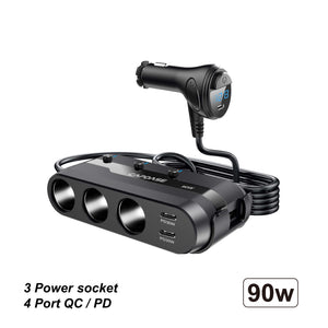 90W | PD / PPS / QC | 4-USB | 3 Power socket | Car Battery Voltage display | Fast Charging Car charger