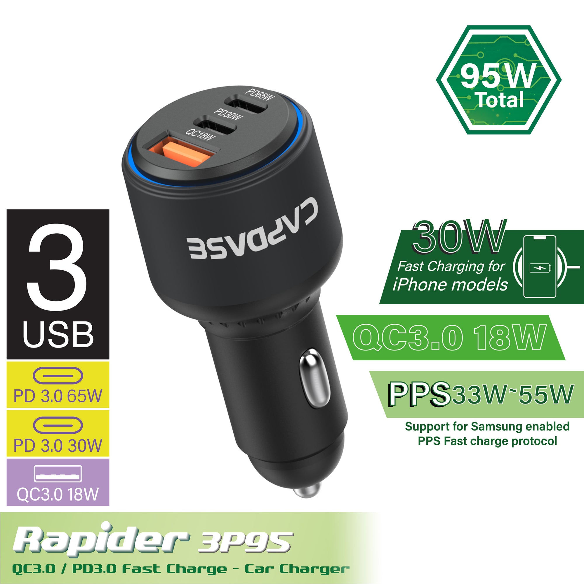 Rapider 3P95 QC 3.0 - 95W Car Charger