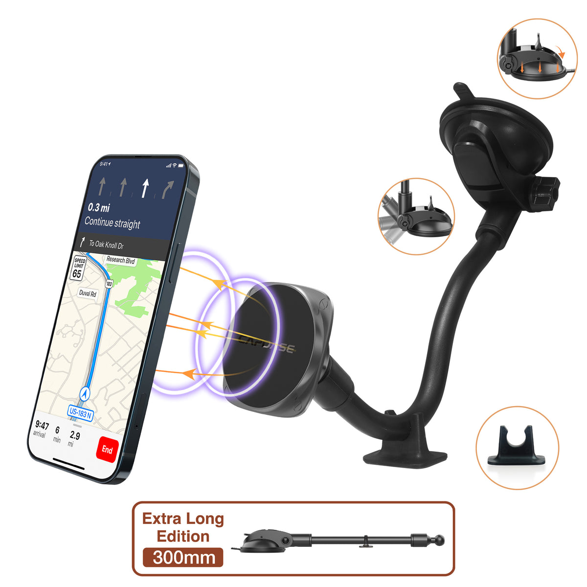 SQUARER II Magnetic Car Mount Suction Cup PRO - Gooseneck Arm 300mm