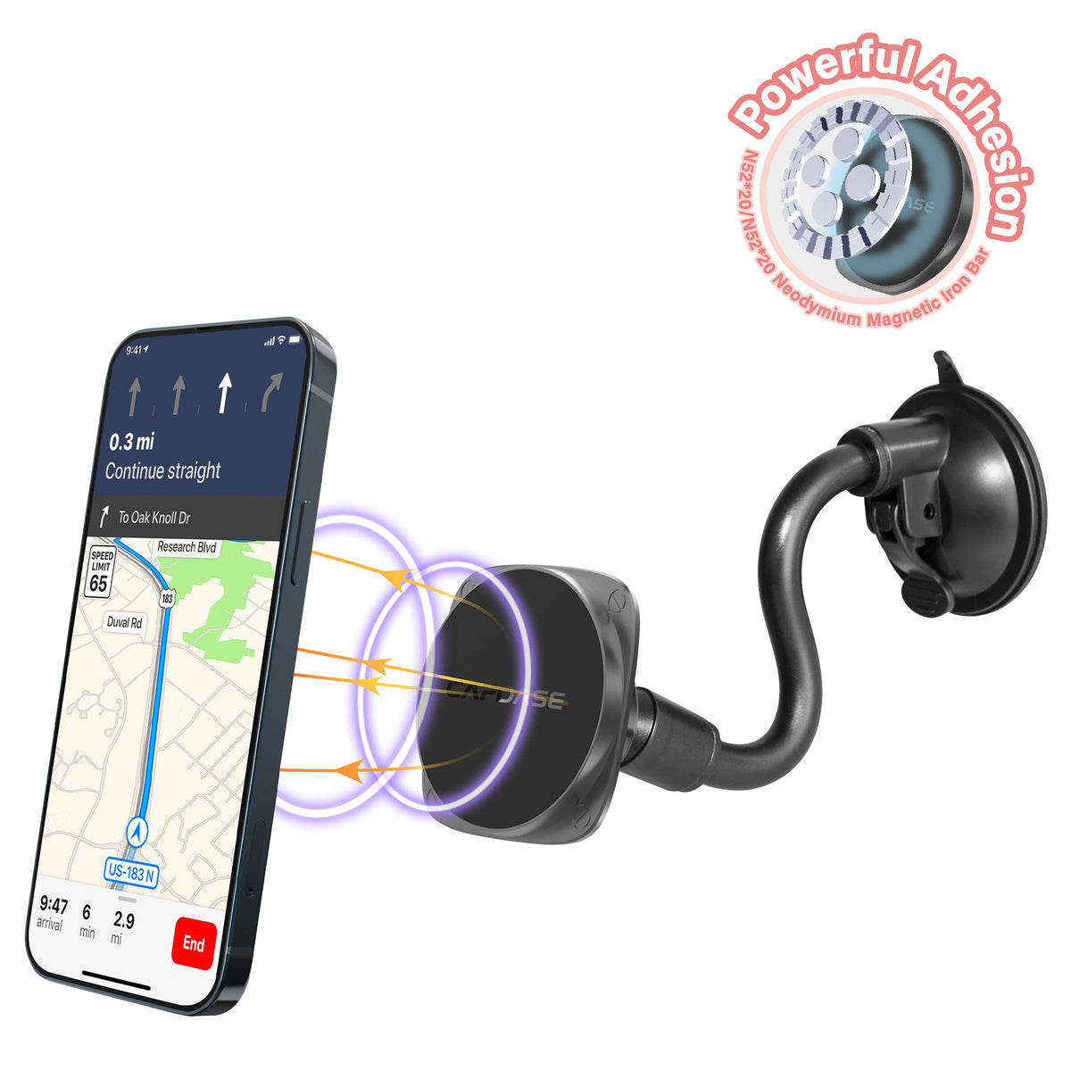 SQUARER II Magnetic Car Mount Suction Cup PRO - Gooseneck Arm 250mm