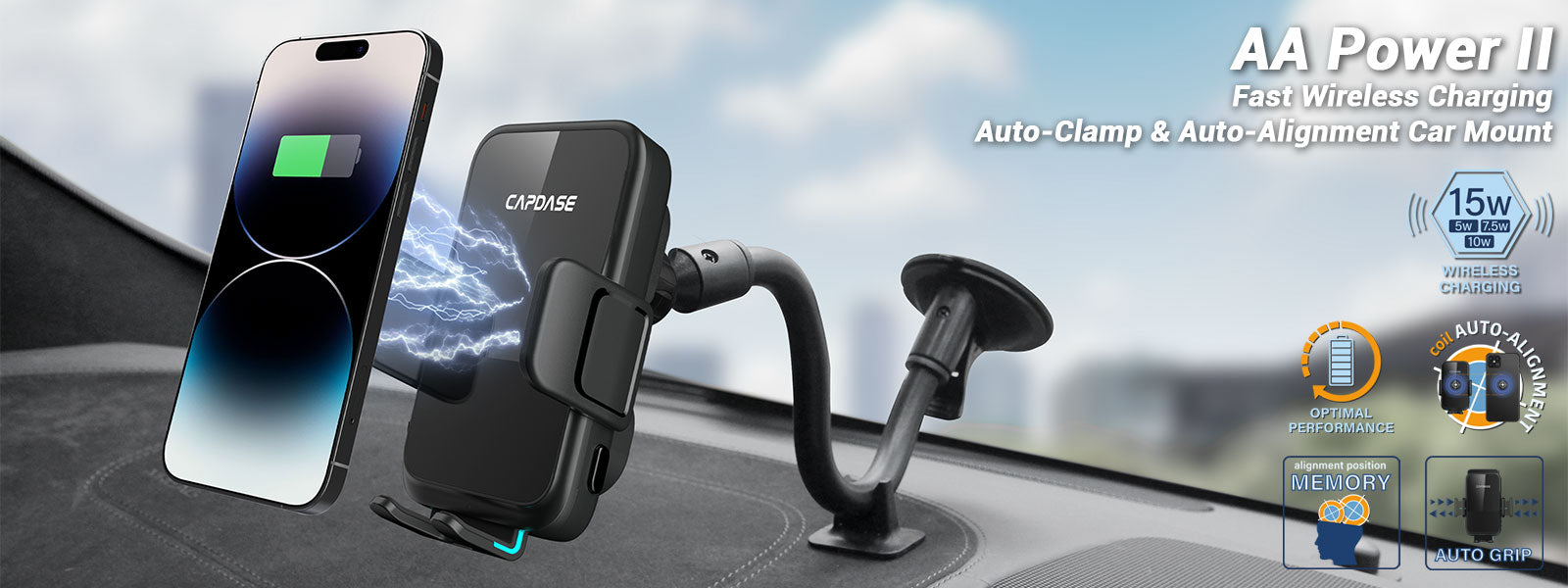 AA Power II Fast Wireless Charging Auto-Clamp & Auto-Alignment Car Mount