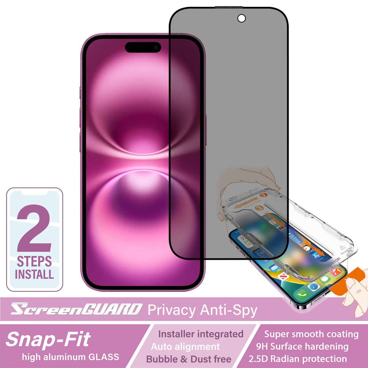 iPhone 16 / 15 SnapFit High Aluminum Glass Privacy Screen Protector