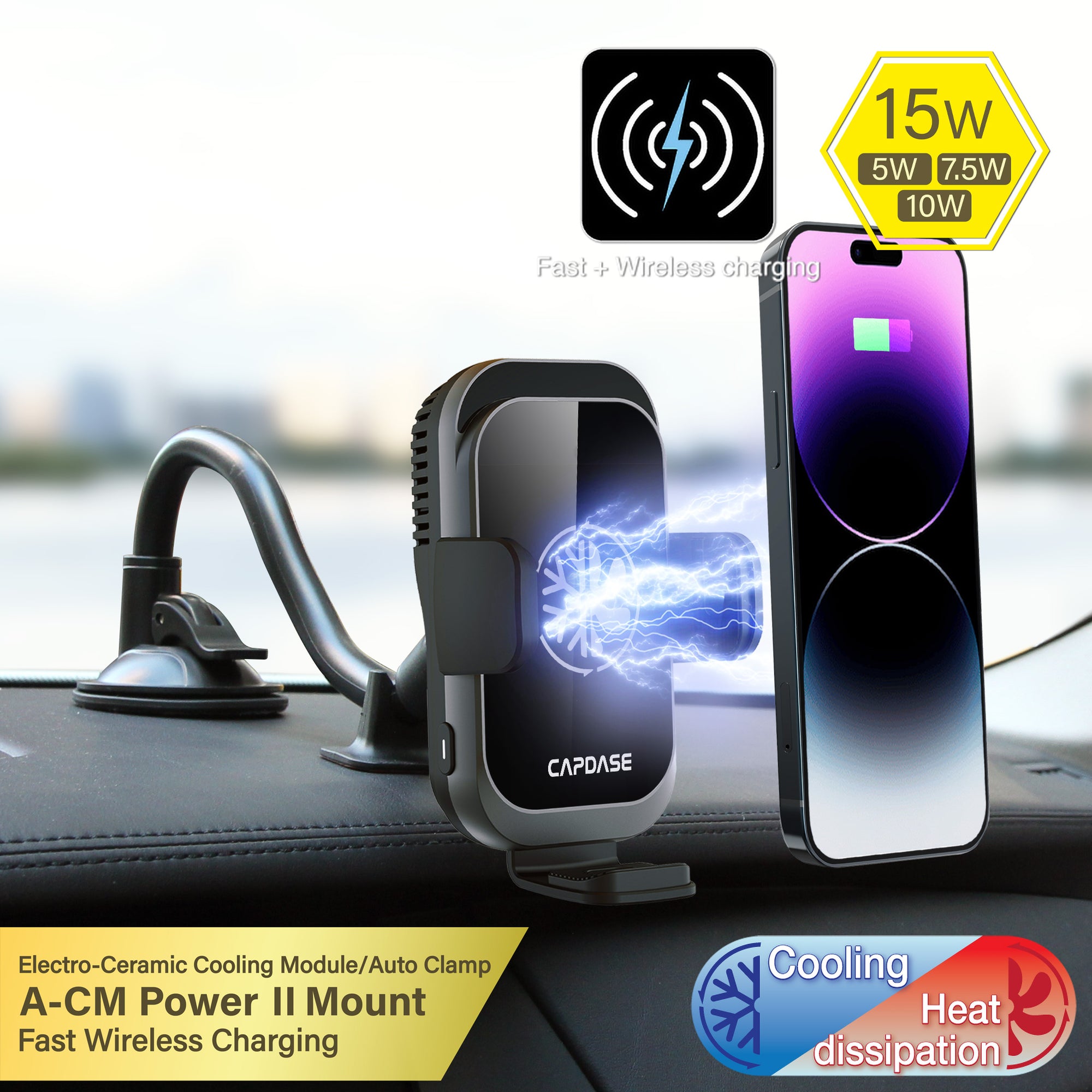 A-CM Power II Ceramic Cooling Fast Wireless Charging Auto-Clamp Car Mount Gooseneck Arm 300mm