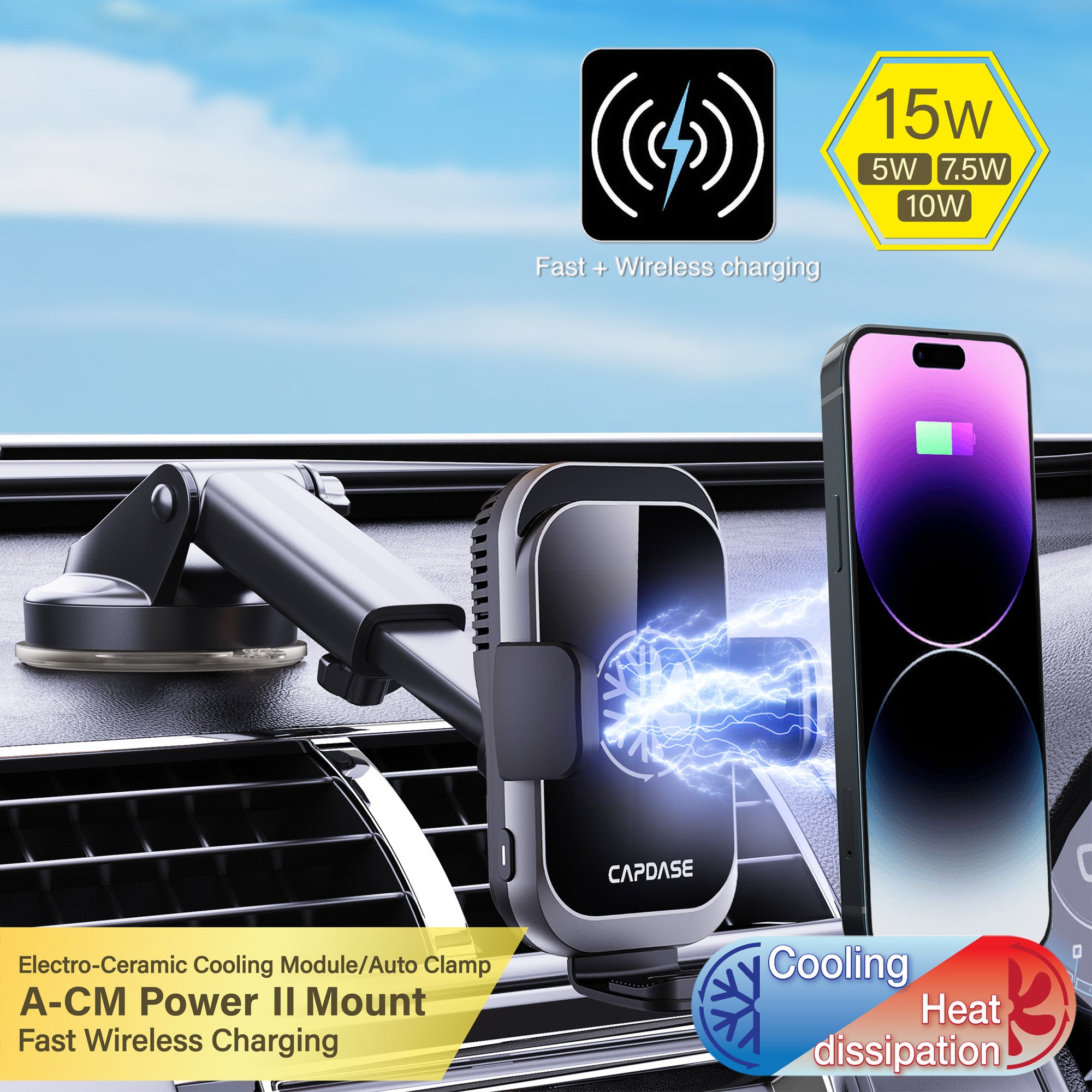 A-CM Power II Ceramic Cooling Fast Wireless Charging Auto-Clamp Car Mount Telescopic Arm