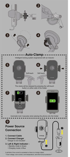 A-CM Power II Ceramic Cooling Fast Wireless Charging Auto-Clamp Car Mount Telescopic Arm Manual