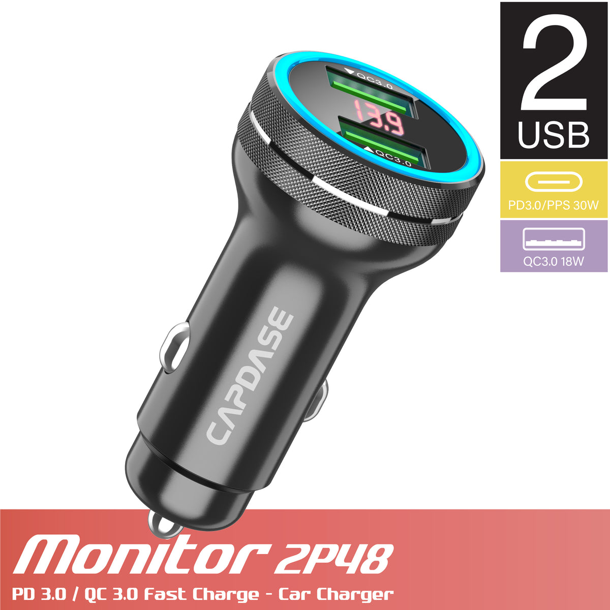 Rapider Super2P48 Monitor QC 3.0 / PD 3.0 Car Charger