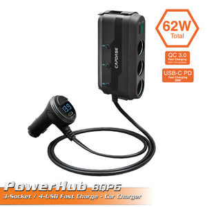 POWERHUB BQP6 3-Socket and 4-USB QC 3.0 and USB-C PD 62W Car Charger