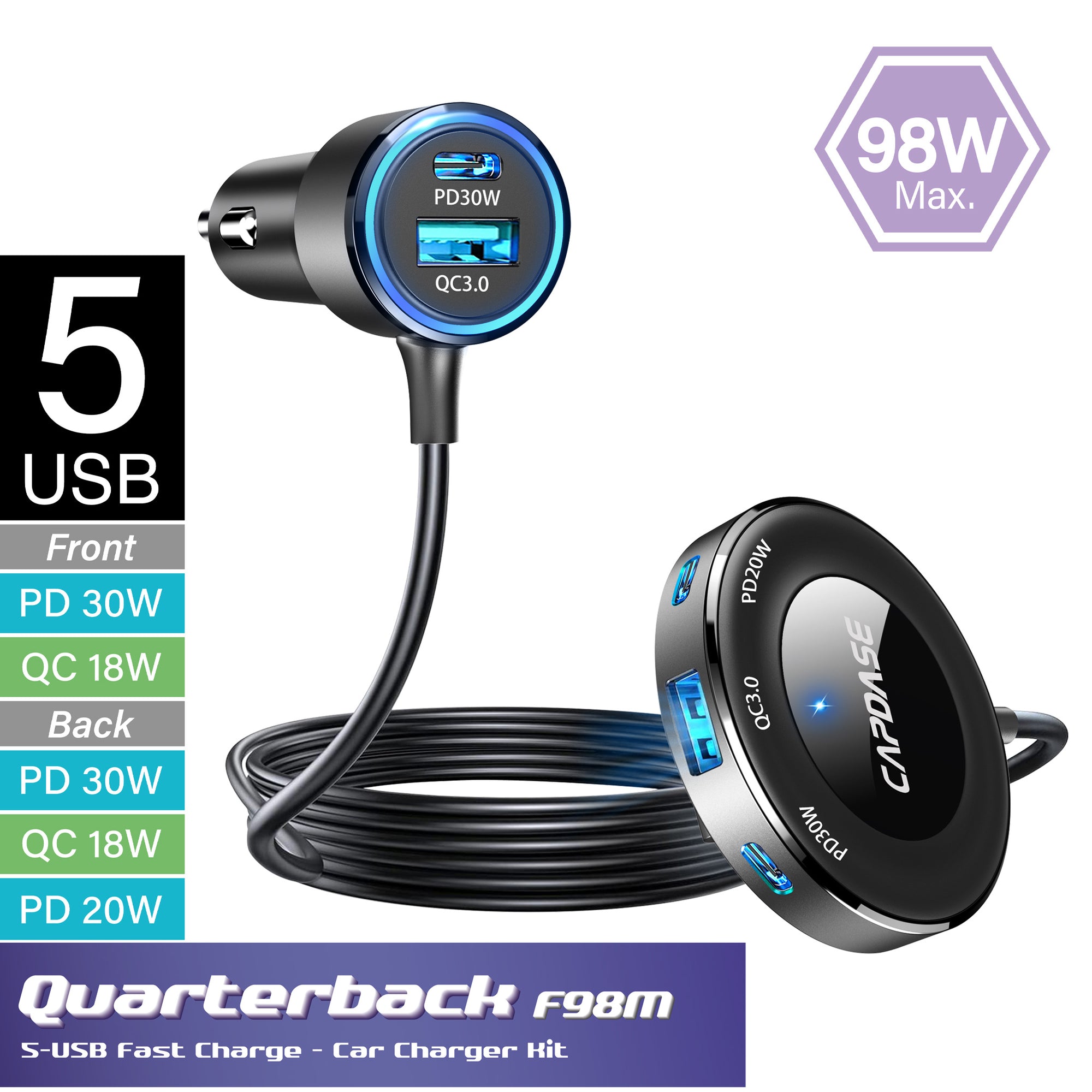 Quarterback F98M QC 3.0 / PD 3.0 Fast Charging 5-USB Car charger