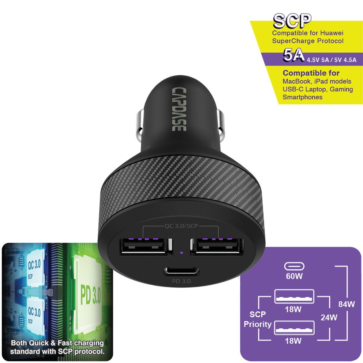 Rapider Super3P84 QC 3.0 / USB-C PD 3.0 Car Charger