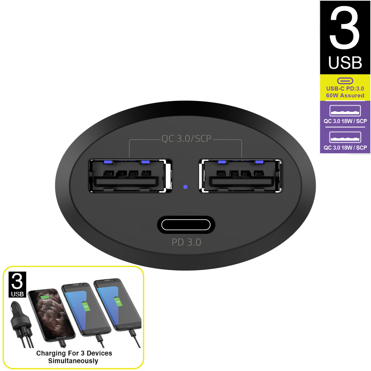 Rapider Super3P84 QC 3.0 / USB-C PD 3.0 Car Charger