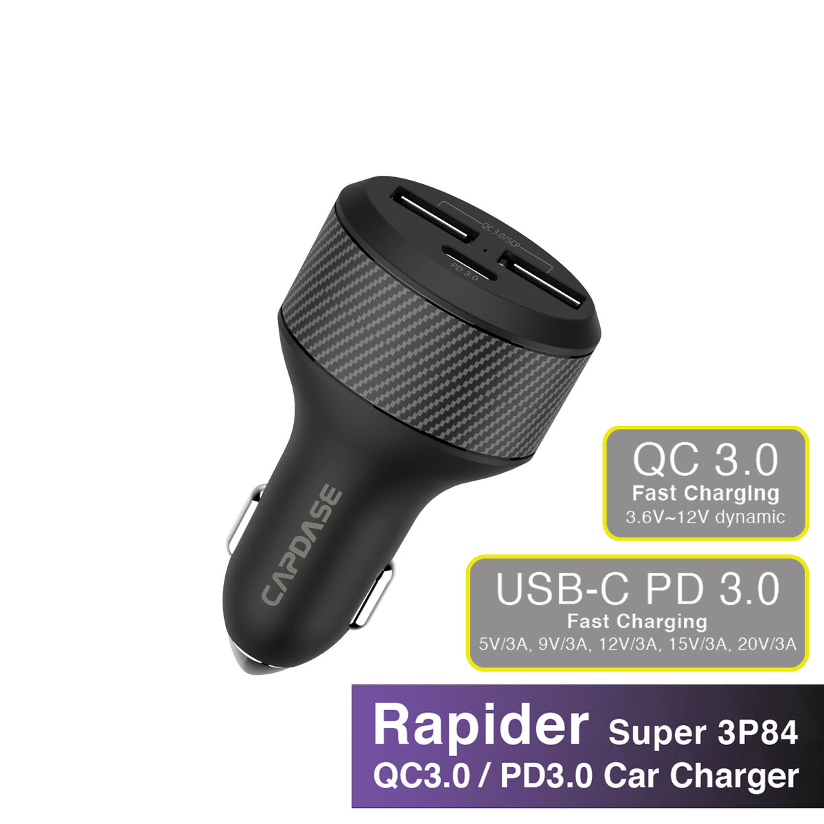 Rapider Super3P84 QC 3.0 / USB-C PD 3.0 Car Charger