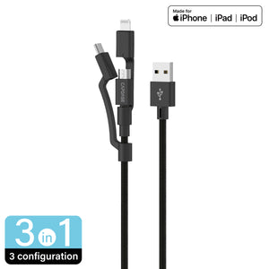 Metallic AM-CL2_2M 3 in 1 USB-A to Micro-USB Lightning and USB-C Cable 2M