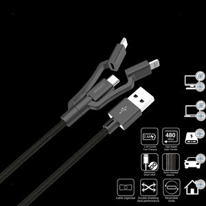 Metallic AM-CL2_2M 3 in 1 USB-A to Micro-USB Lightning and USB-C Cable 2M