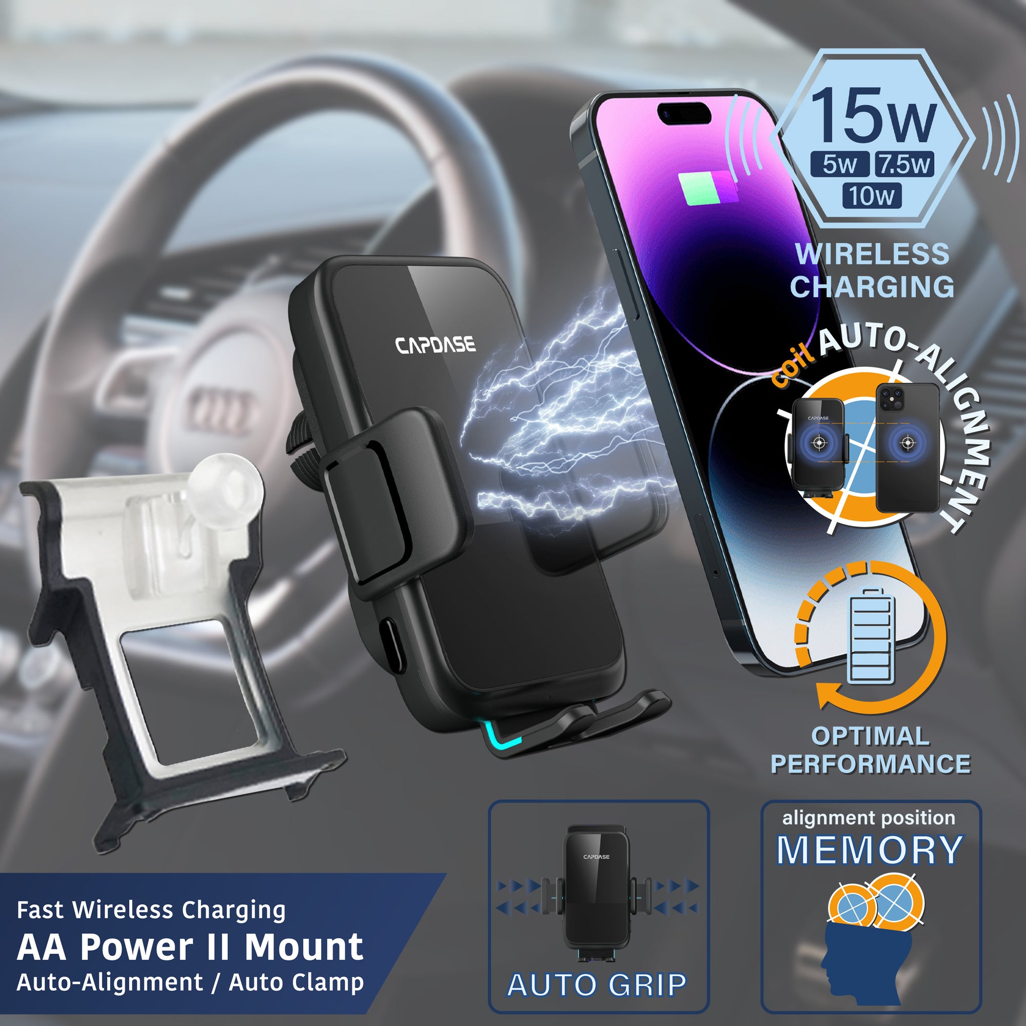 AA Power II Fast Wireless Charging Auto-Clamp & Auto-Alignment Car Mount DSH Base-ADA6L for Audi A6L/7I / RS6/7 / S6/7