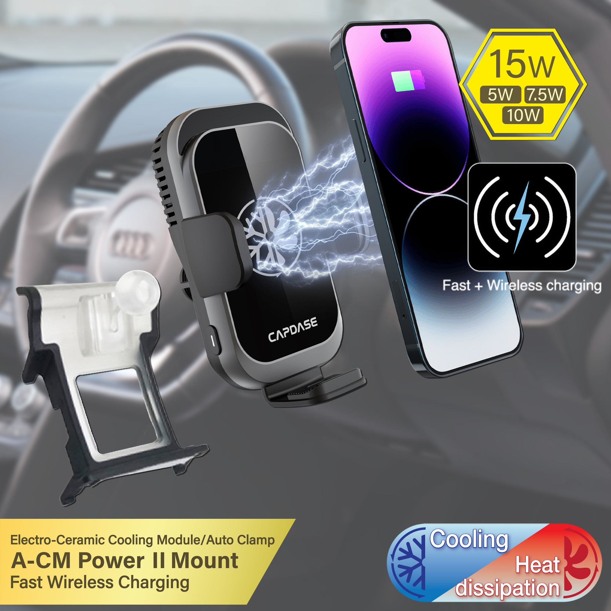 A-CM Power II Ceramic Cooling Fast Wireless Charging Auto-Clamp Car Mount DSH Base-ADA6L for Audi A6L/7I / RS6/7 / S6/7