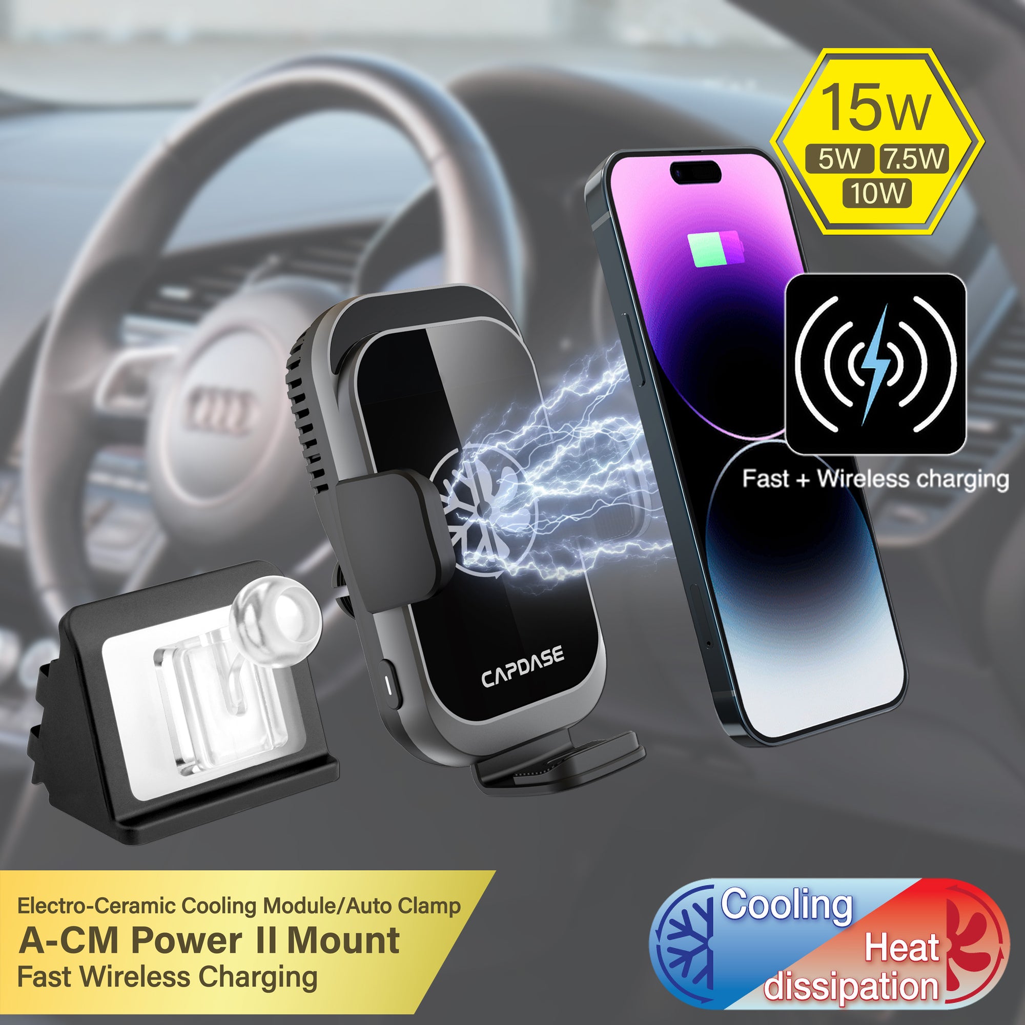 A-CM Power II Ceramic Cooling Fast Wireless Charging Auto-Clamp Car Mount DSH Base-ADQ3 for Audi Q3 (2019-2021)
