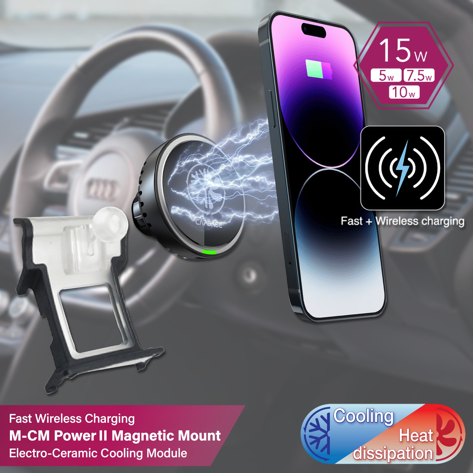 M-CM Power II Ceramic Cooling Fast Wireless Charging Magnetic Car Mount DSH Base-ADA6L for Audi A6L/7I / RS6/7 / S6/7