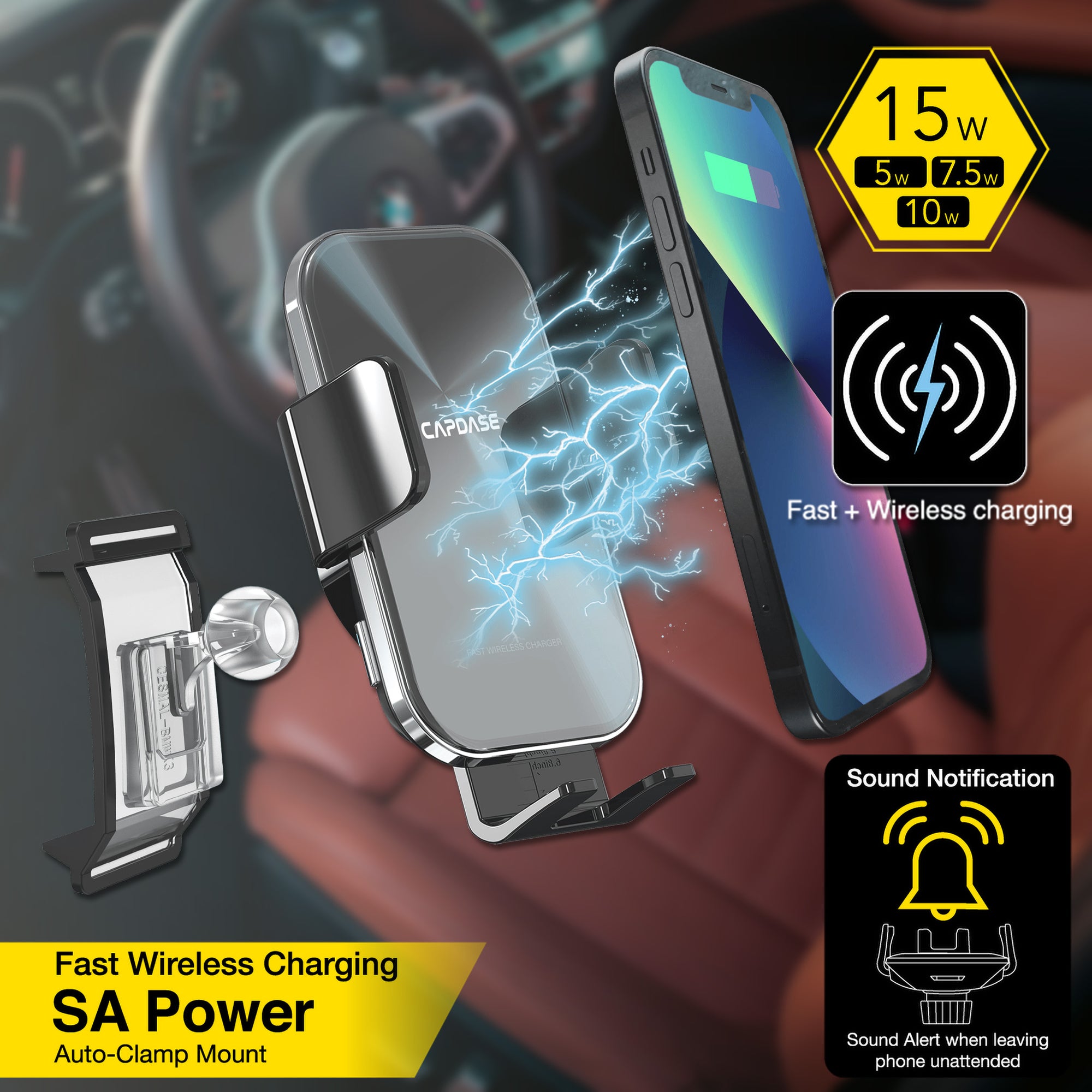 SA Power Fast Wireless Charging Auto-Clamp Car Mount DSH Base-BMWX3 for BMW 2, 3, 4, X3, X4