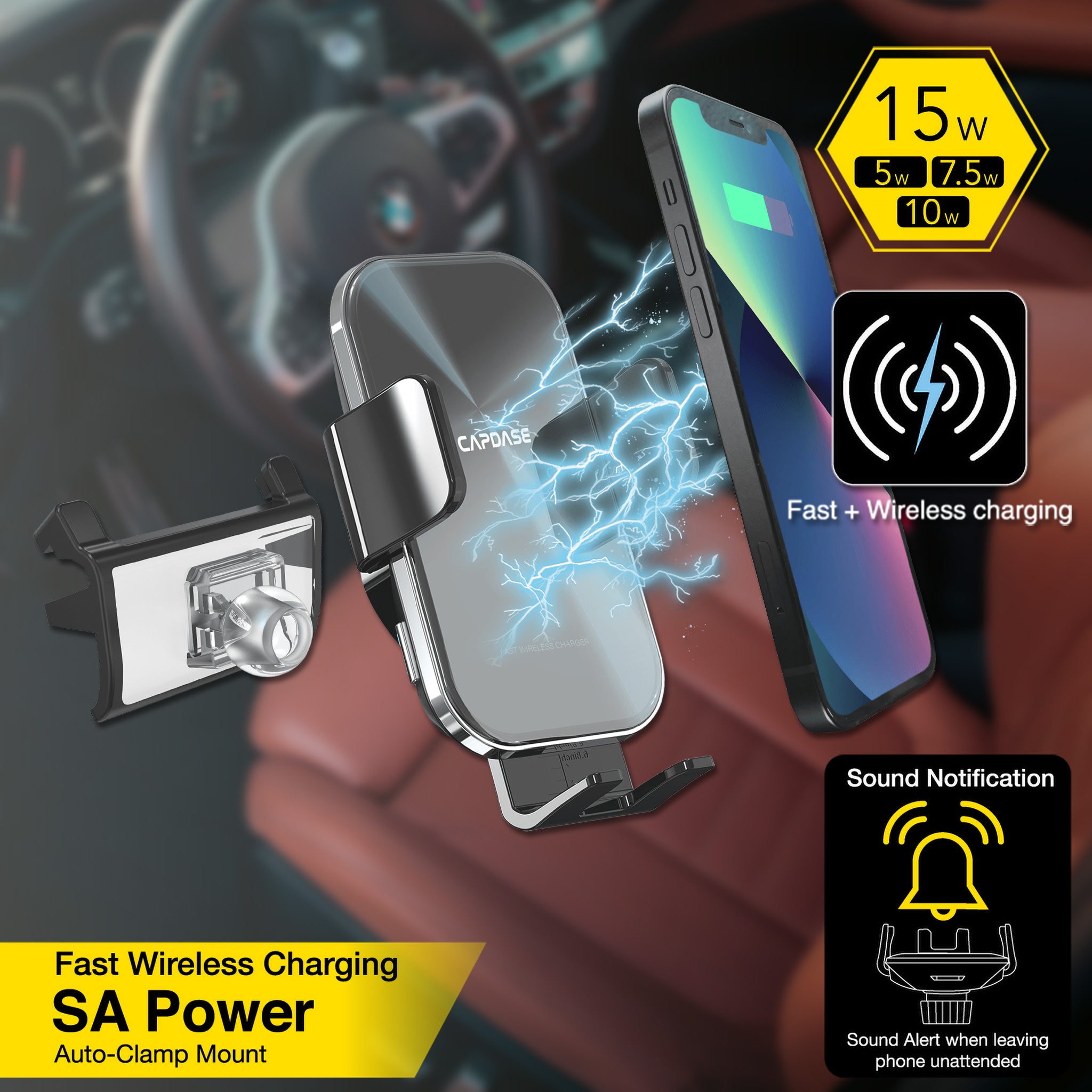 SA Power Fast Wireless Charging Auto-Clamp Car Mount DSH Base