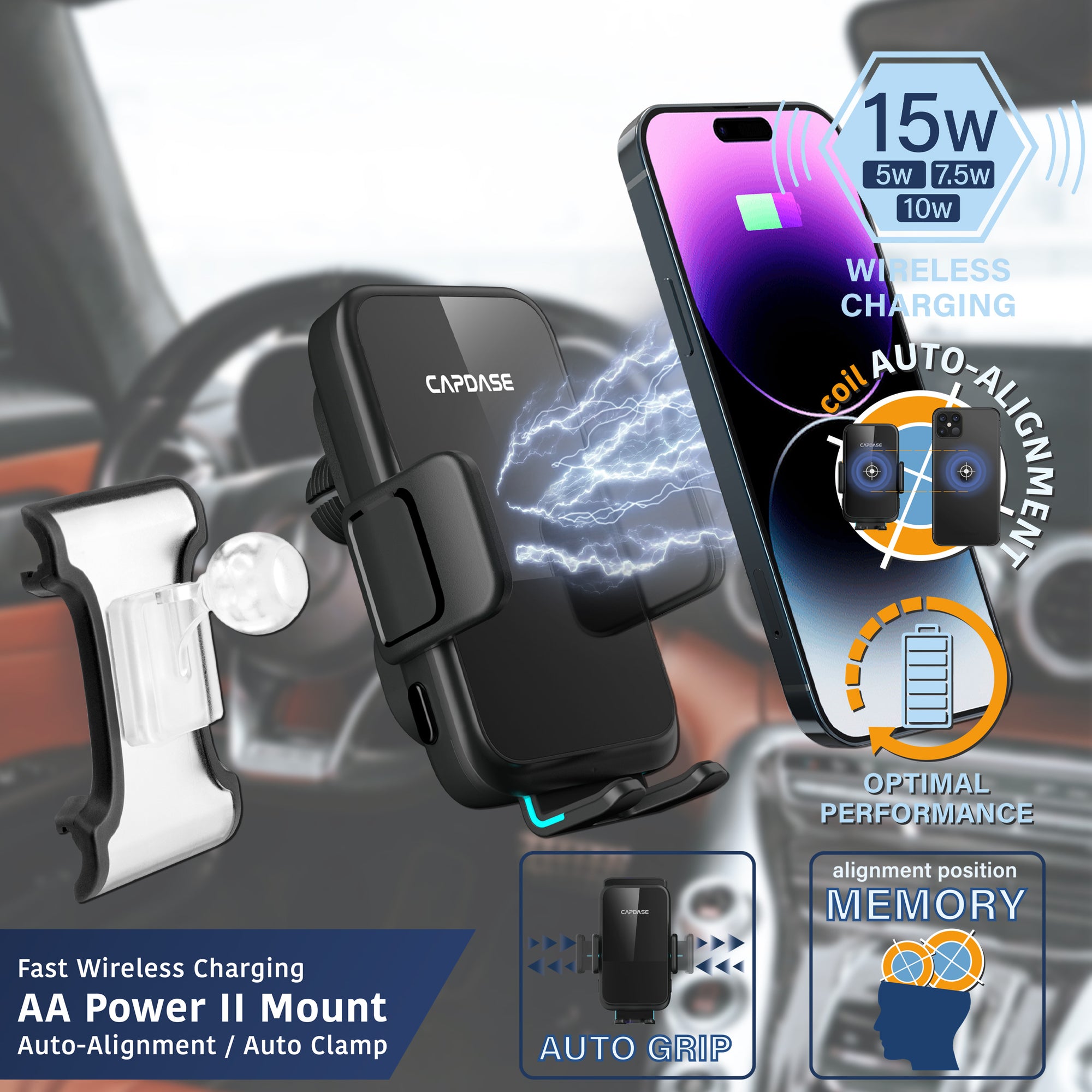 AA Power II Fast Wireless Charging Auto-Clamp & Auto-Alignment Car Mount DSH Base-GLE for Benz GLE / GLS (2020-2021)