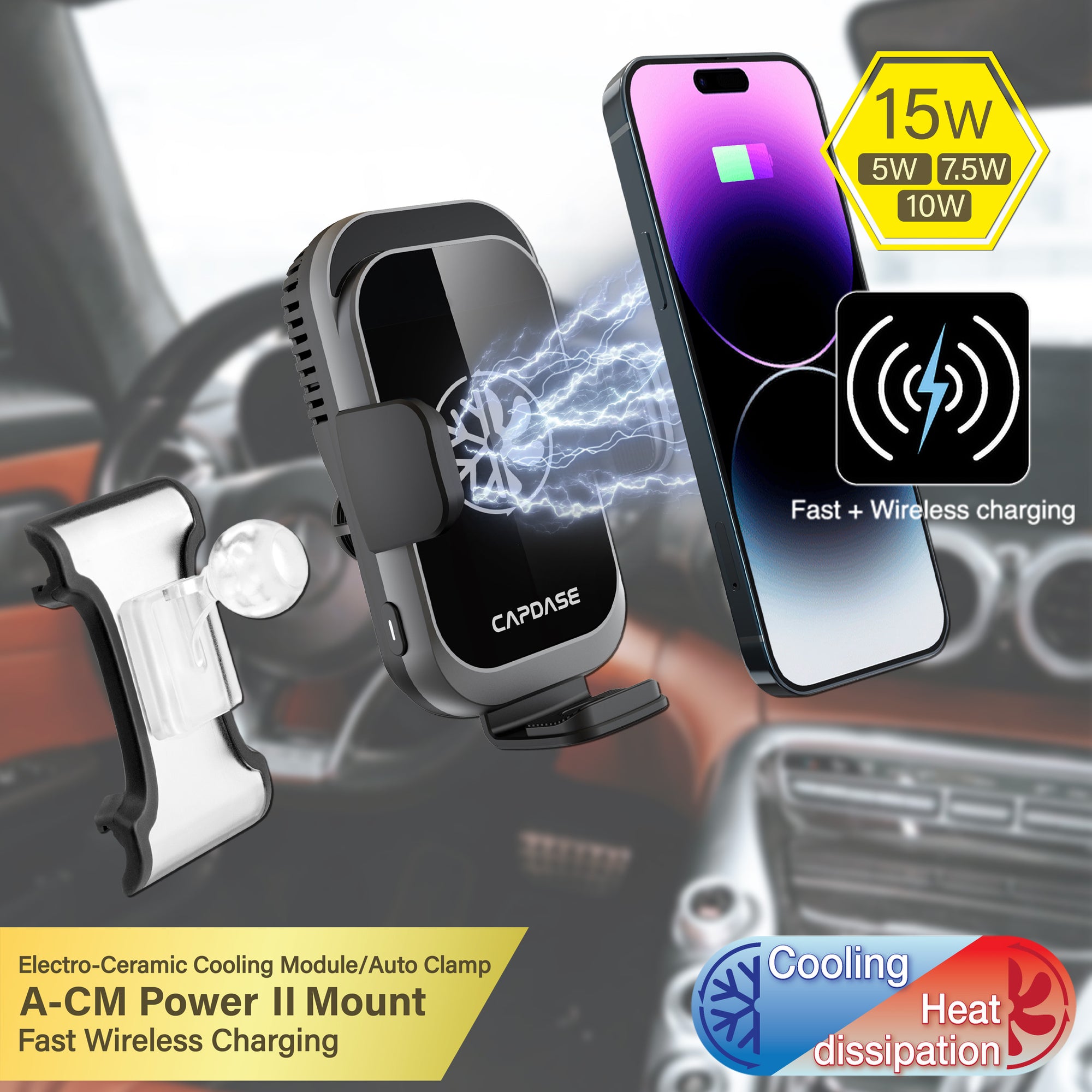 A-CM Power II Ceramic Cooling Fast Wireless Charging Auto-Clamp Car Mount DSH Base-GLE for Benz GLE / GLS (2020-2021)