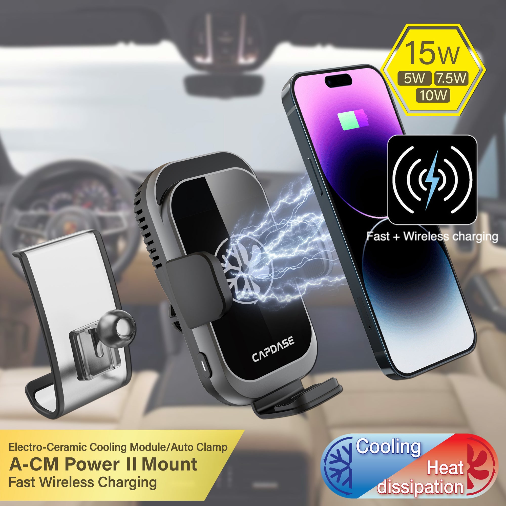 A-CM Power II Ceramic Cooling Fast Wireless Charging Auto-Clamp Car Mount DBase - Macan for Porsche MACAN (2014-2020)