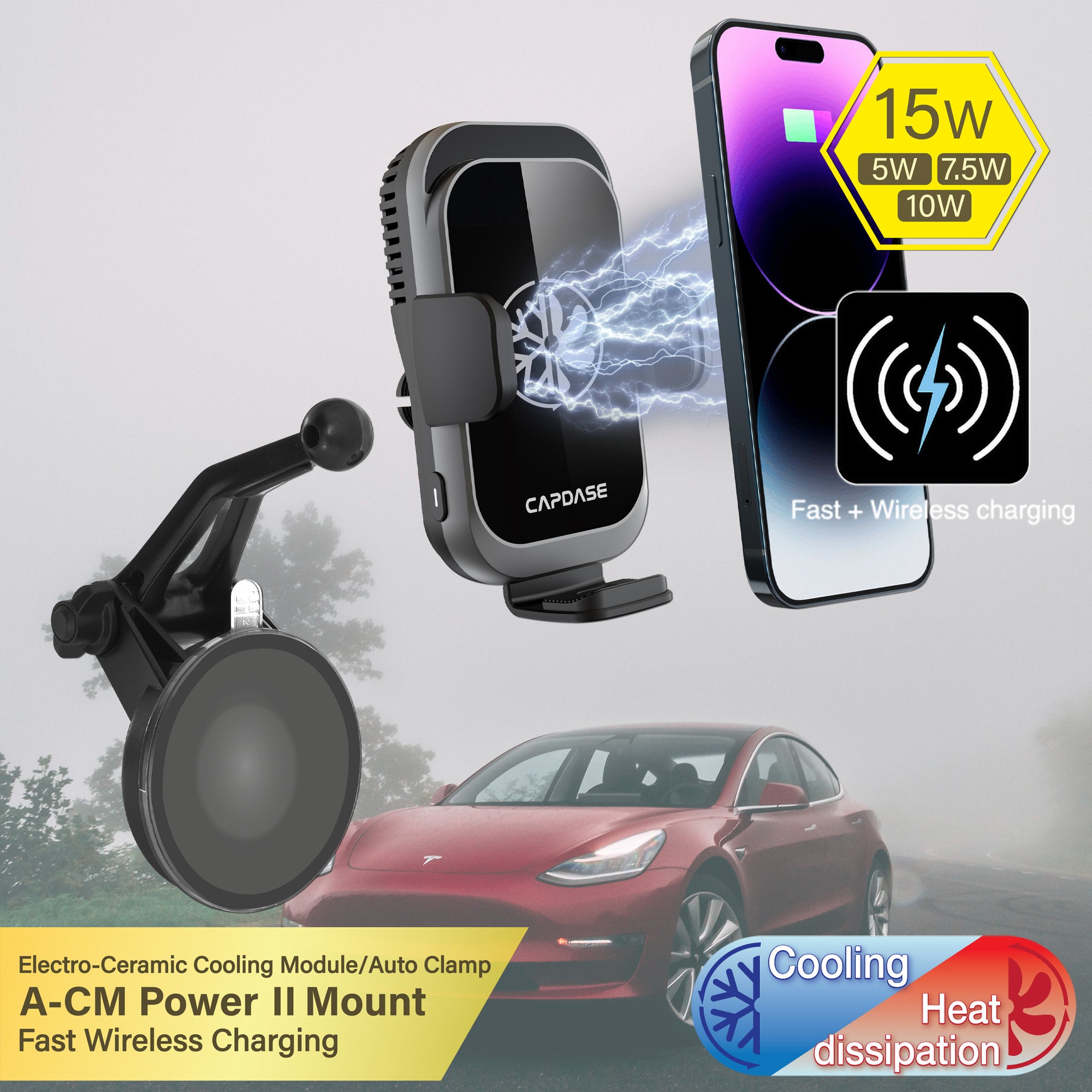 A-CM Power II Ceramic Cooling Fast Wireless Charging Auto-Clamp Car Mount TouchScreen - TL-140 for Tesla Model 3/Y