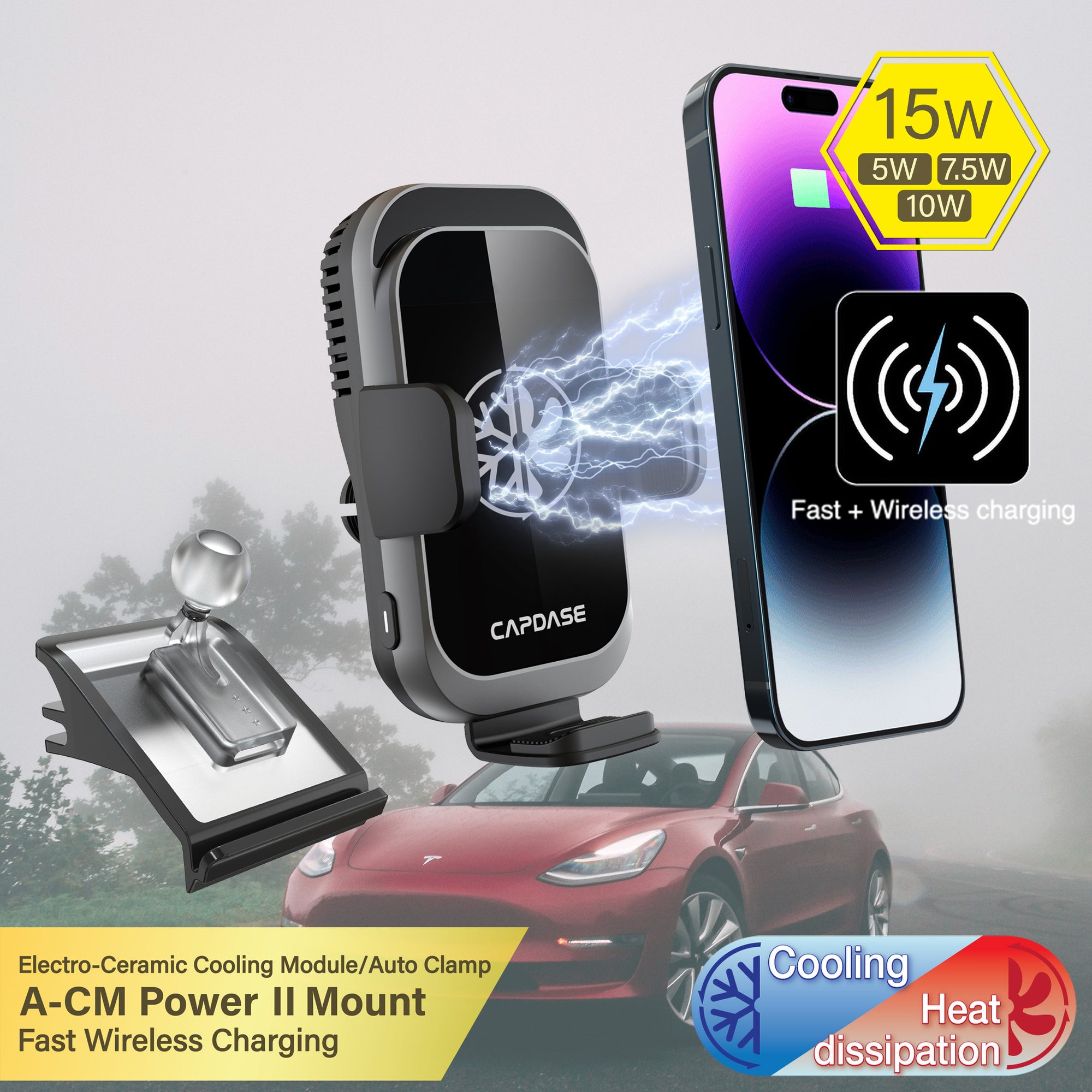 A-CM Power II Ceramic Cooling Fast Wireless Charging Auto-Clamp Car Mount Vent Base - T01 for Tesla Model 3/Y