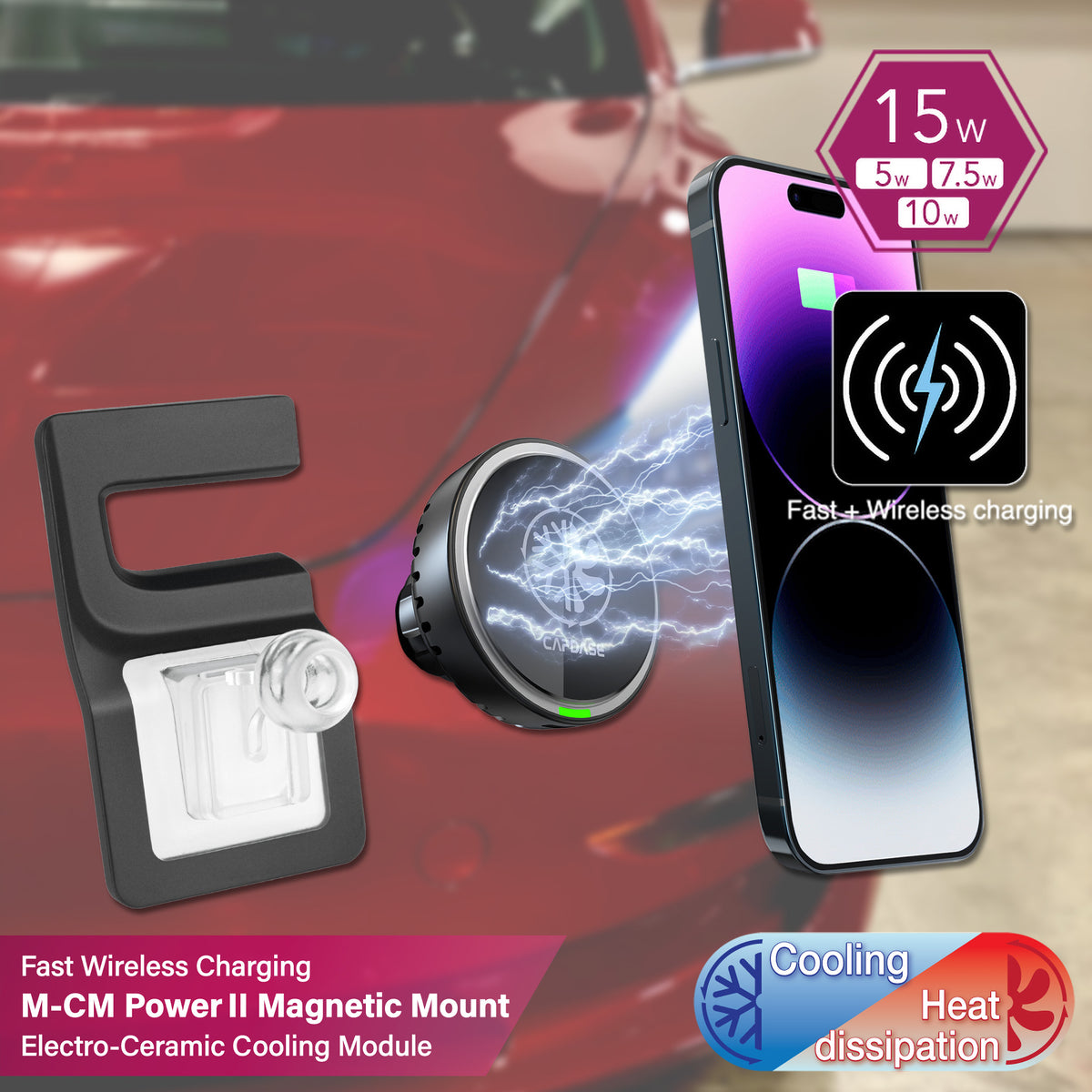 M-CM Power II Ceramic Cooling Fast Wireless Charging Magnetic Car Mount DSH Base - MSX for Tesla Model S/X