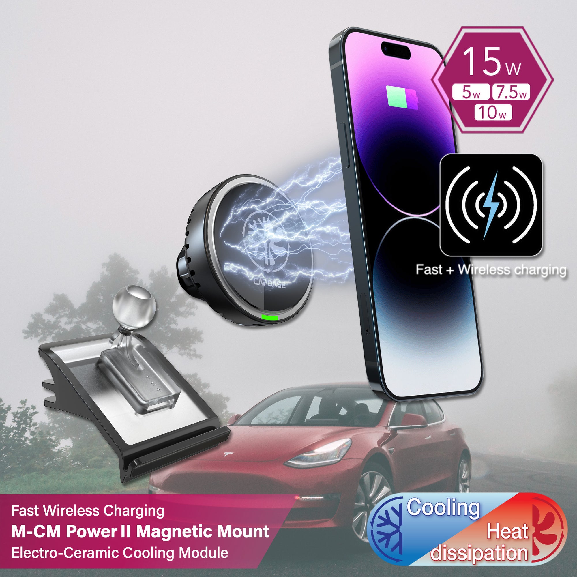 M-CM Power II Ceramic Cooling Fast Wireless Charging Magnetic Car Mount Vent Base - T01 for Tesla Model 3/Y