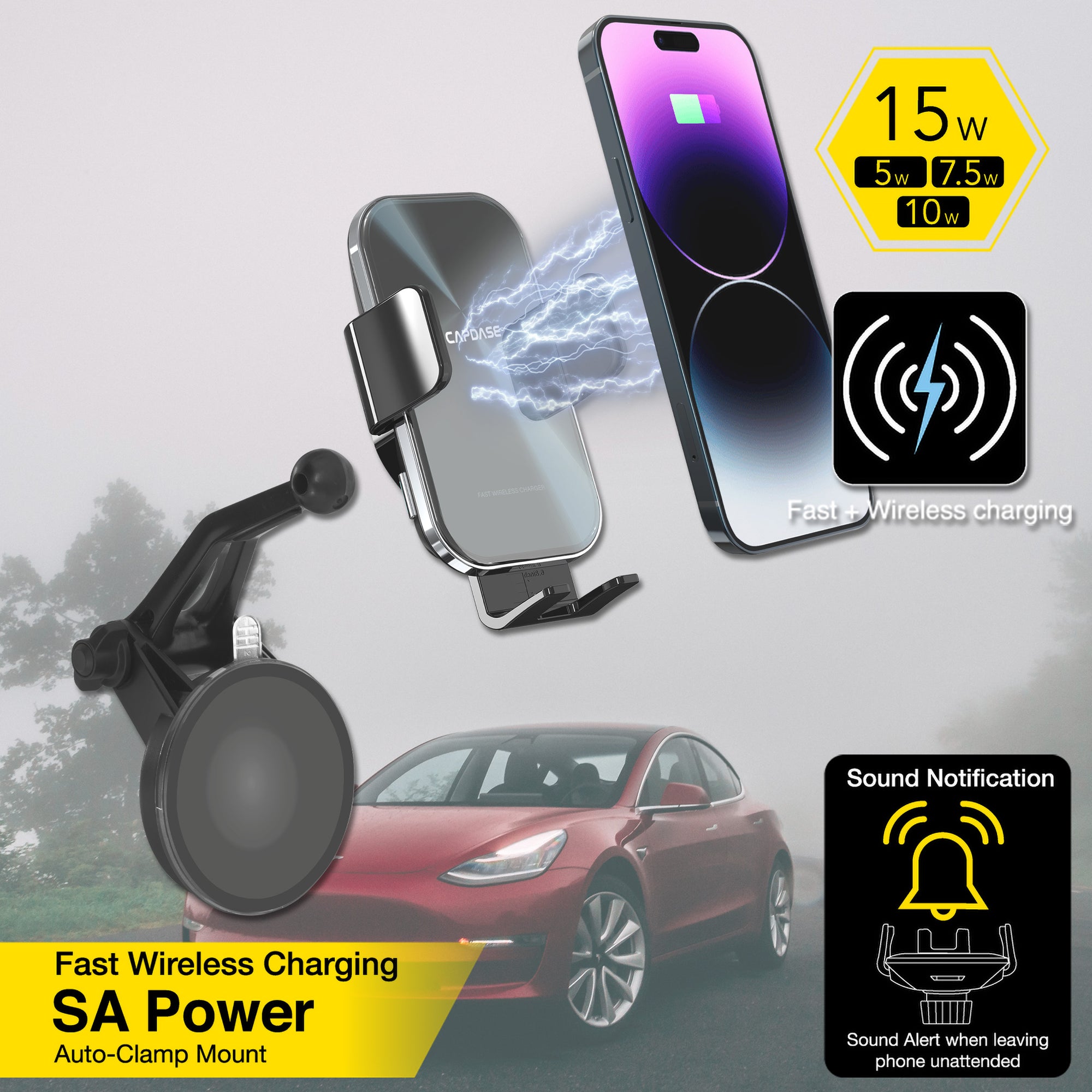 SA Power Fast Wireless Charging Auto-Clamp Car Mount Vent Base - T-140 for Tesla Model 3/Y