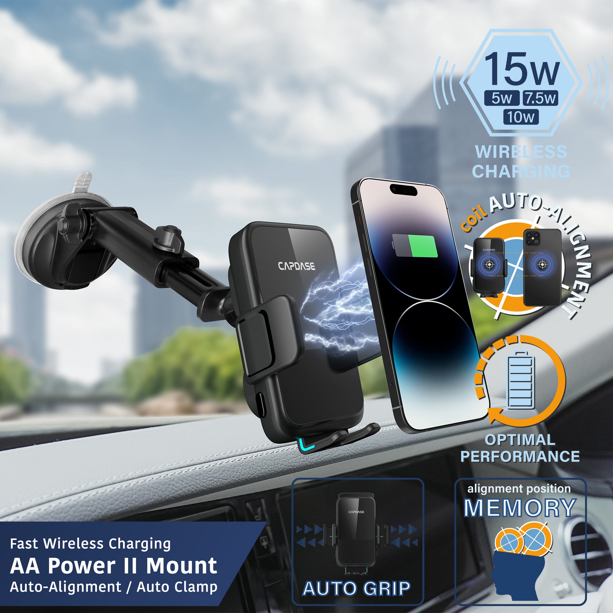 AA Power II Fast Wireless Charging Auto-Clamp & Auto-Alignment Car Mount Telescopic Arm