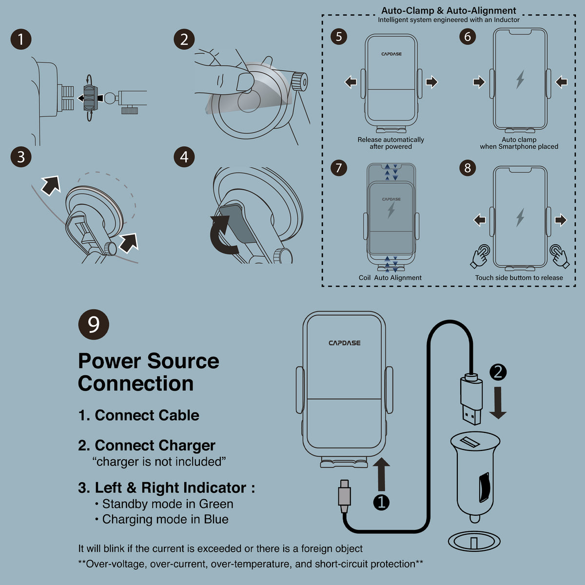 AA Power II Fast Wireless Charging Auto-Clamp & Auto-Alignment Car Mount Gooseneck Arm 300mm Manual