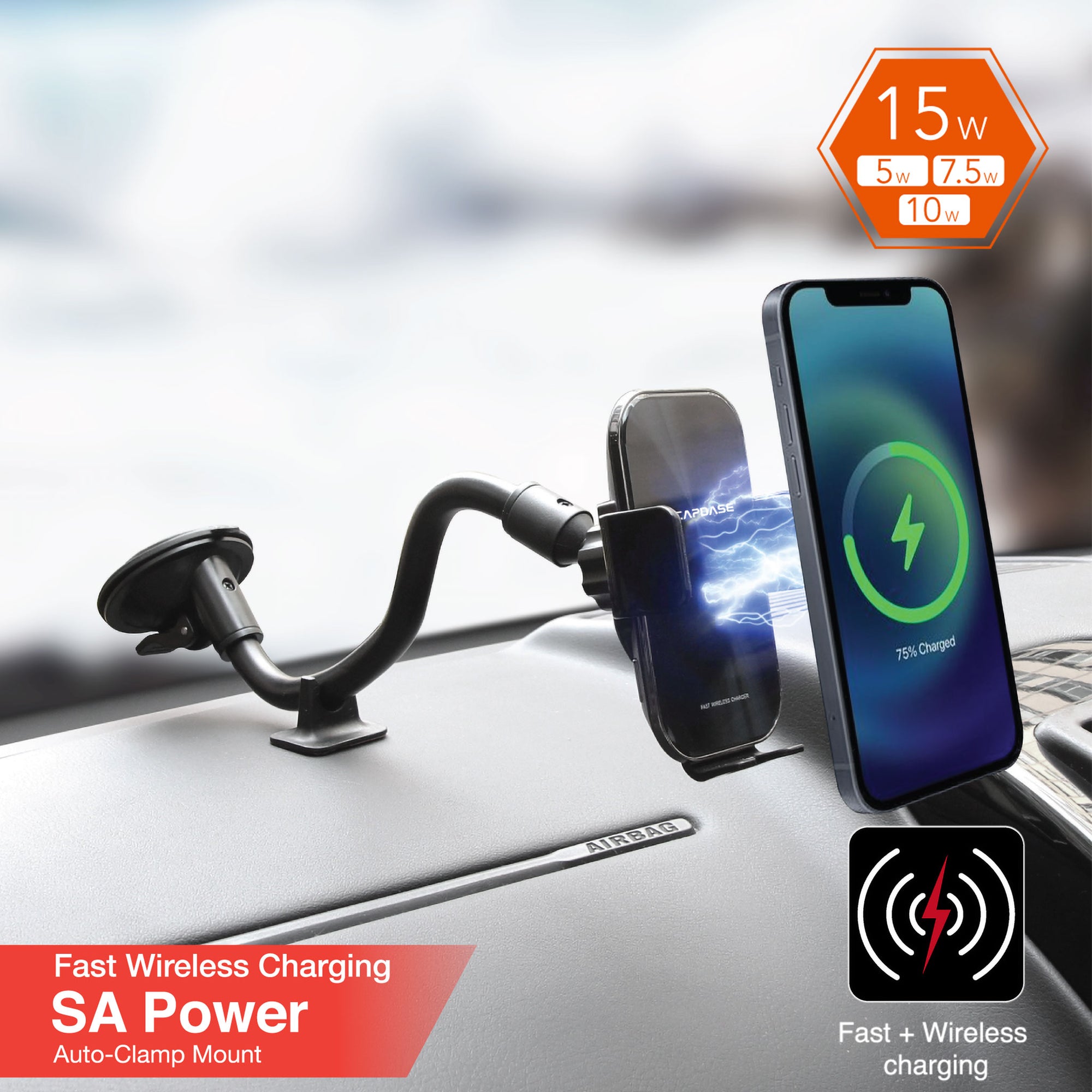 SA Power Fast Wireless Charging Auto-Clamp Car Mount Gooseneck Arm 300mm