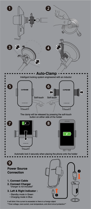 SA Power Fast Wireless Charging Auto-Clamp Car Mount Gooseneck Arm 300mm