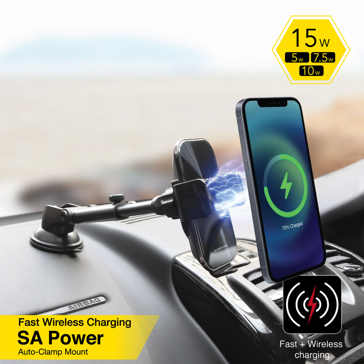 SA Power Fast Wireless Charging Auto-Clamp Car Mount Telescopic Arm