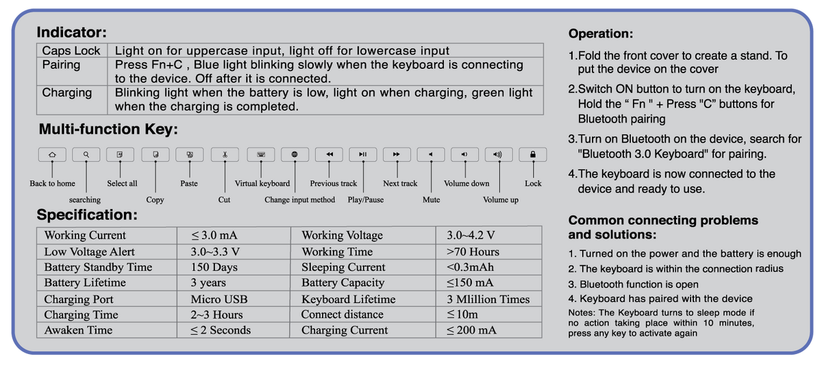 KB FOLIO-28U Bluetooth Slim Keyboard with Case Manual