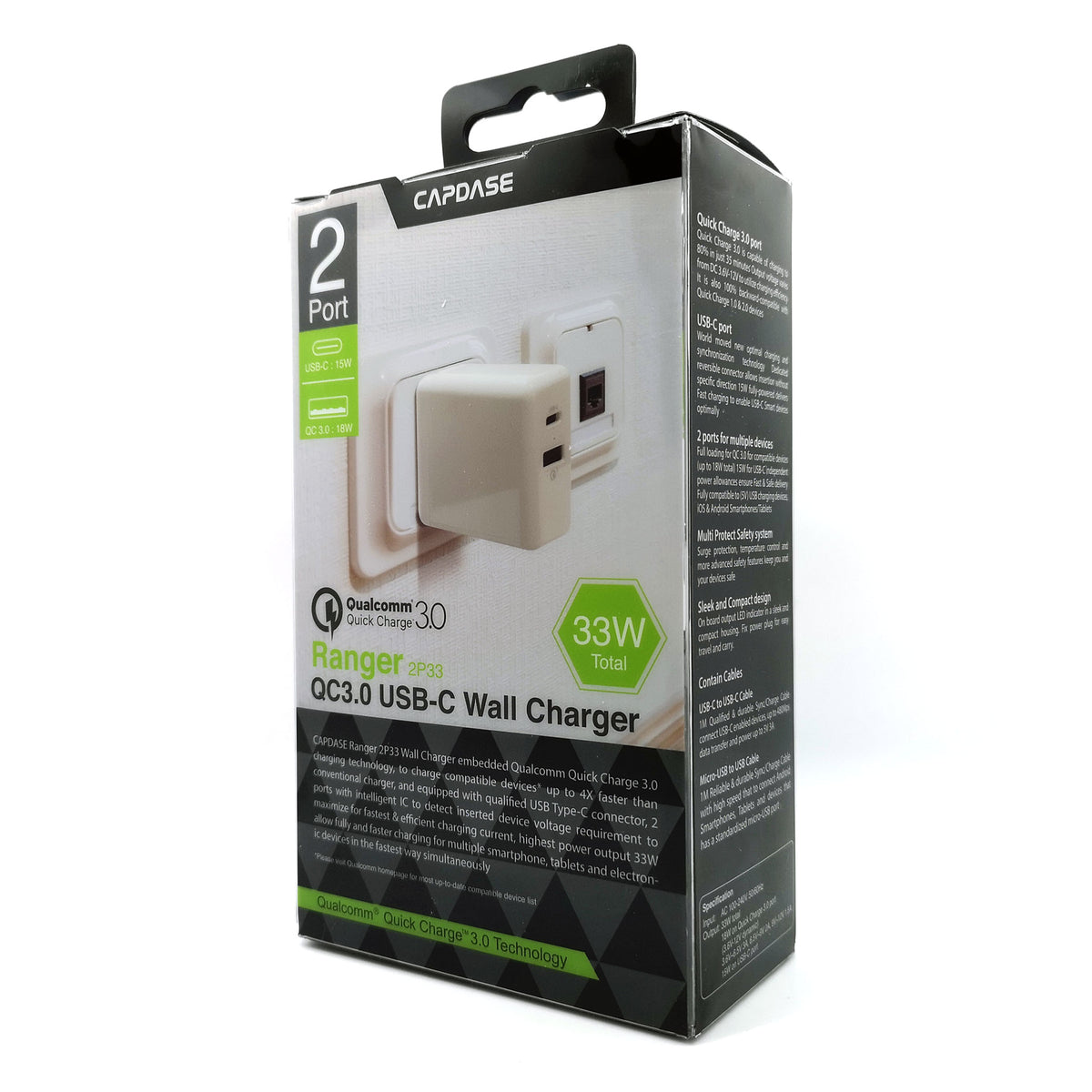 RANGER 2P33B QC3.0 and USB-C Wall Charger with Cable Kit (EU Plug)