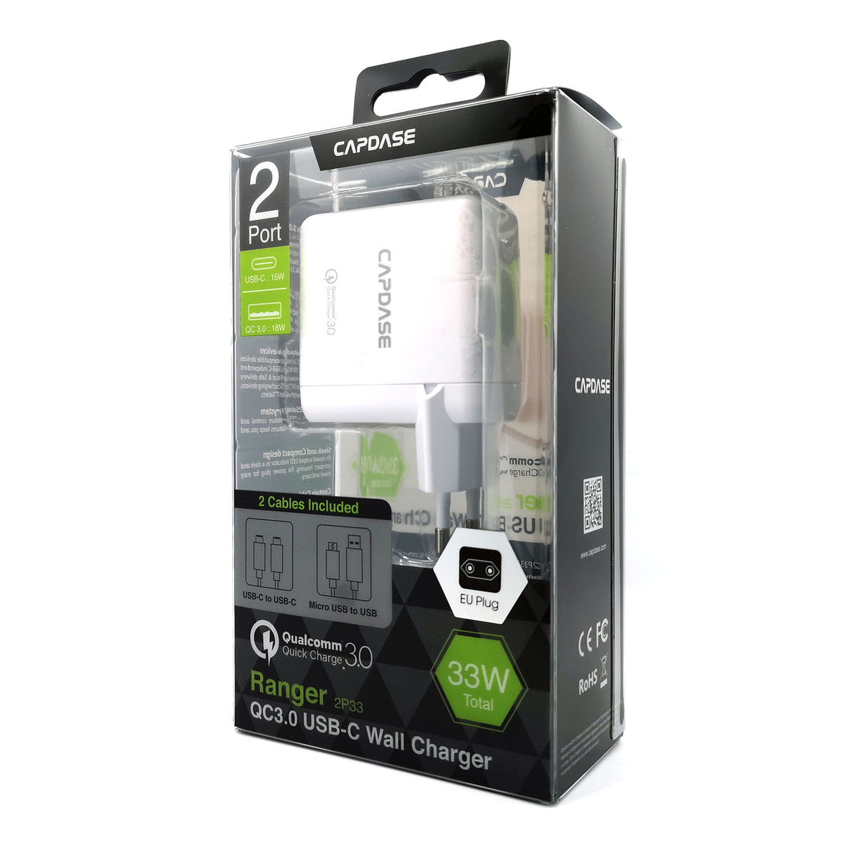 RANGER 2P33B QC3.0 and USB-C Wall Charger with Cable Kit (EU Plug)